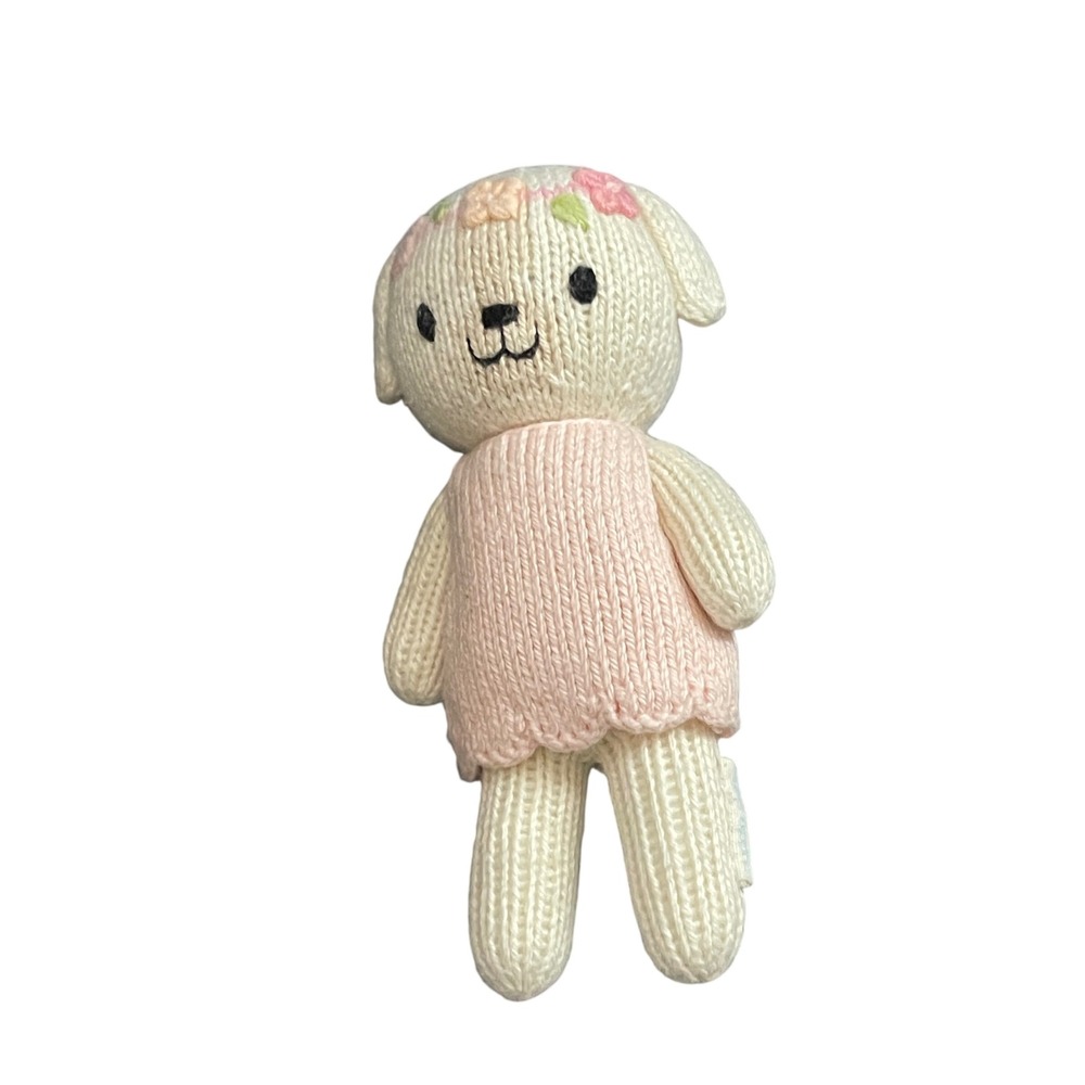 Cuddle + Kind Mia the Dog Hand Knit Stuffed Animal Cream Pink Floral Plush I09